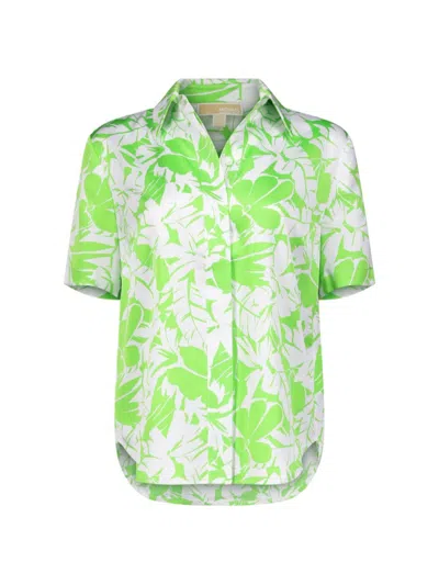 Michael Michael Kors Palm Printed Satin Cabana Shirt In Green Apple
