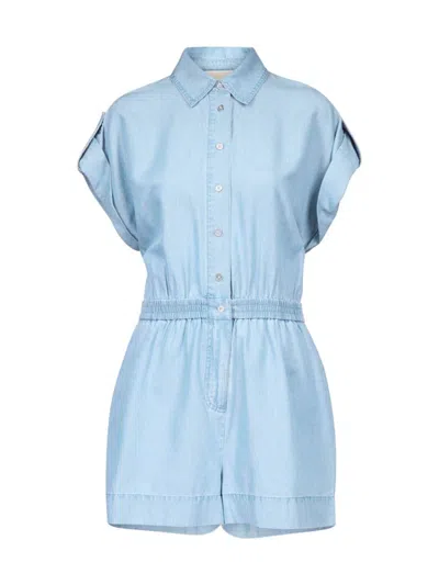Michael Michael Kors Women's Short-sleeve Chambray Button-front Romper In Skyblue Wash
