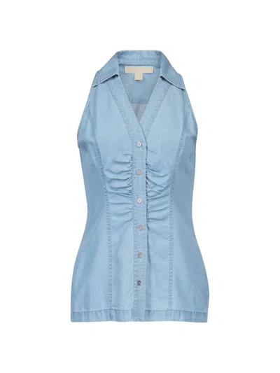 Michael Michael Kors Women's Sleeveless Ruched Chambray Button-front Top In Skyblue Wash
