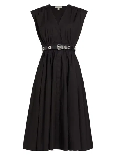Michael Michael Kors Women's Stretch-cotton Poplin Belted Midi-dress In Black