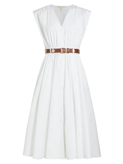 Michael Michael Kors Women's Stretch-cotton Poplin Belted Midi-dress In White