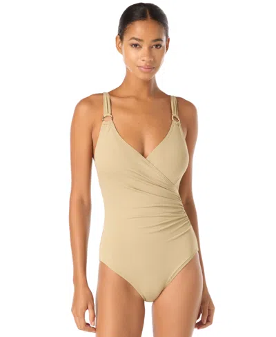 Michael Michael Kors Women's Surplice Tummy-control Full-coverage One-piece Swimsuit In Neutral