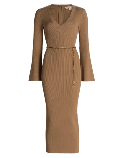 Michael Michael Kors Women's V-neck Wool Blend Midi Sweater Dress In Brown