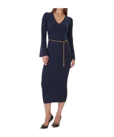 Michael Michael Kors Wool Blend Belted Midi Dress In Blue