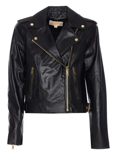Michael Michael Kors Black Leather Moto Jacket In Animal Print