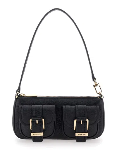 Michael Michael Kors Zoe Black Shoulder Bag With Pockets And Straps On The Front In Hammered Leather Woman