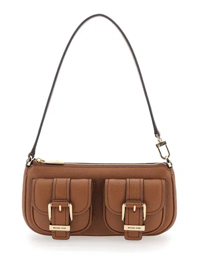 Michael Michael Kors Zoe Brown Shoulder Bag With Pockets And Straps On The Front In Hammered Leather Woman