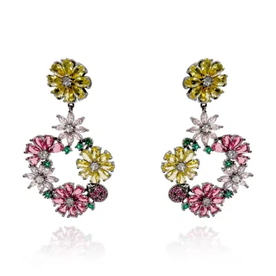 Michael Nash Jewelry Women's Black Rhodium Earrings With Multi Color Crystal Flowers In Gray
