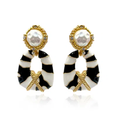 Michael Nash Jewelry Women's Black / White / Gold Clip On Doorknocker Earring With Pearl, Enamel, Gold, And Crystal Accen In Multi