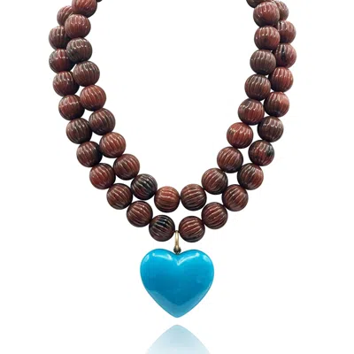 Michael Nash Jewelry Women's Blue / Brown Amour Carved Tortoise Resin Beads With Turquoise Resin Heart Pendant