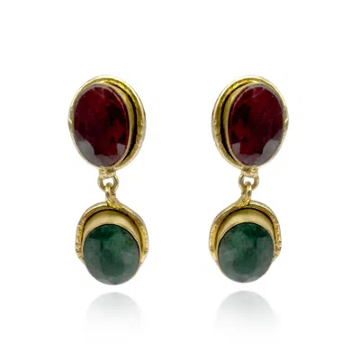 Michael Nash Jewelry Women's Blue / Red Brass Clip On Earrings With Faceted Ruby And Faceted Emerald In Multi