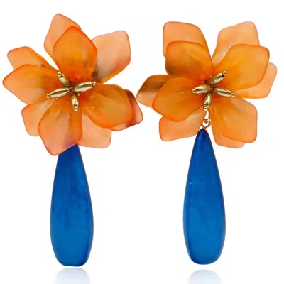 Michael Nash Jewelry Women's Blue / Yellow / Orange Orange Resin Floral Clip On Earring With Blue Drop In Multi