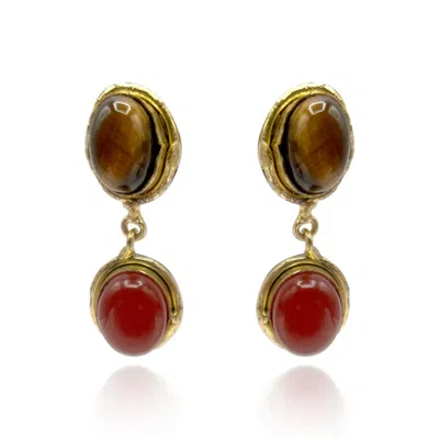 Michael Nash Jewelry Women's Brown Brass Clip On Earrings With Carnelian And Tigereye