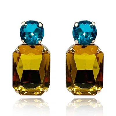 Michael Nash Jewelry Women's Brown / Gold / Blue Topaz Crystal Ocatgon And Aqua Round Stone Drop Earrings In Multi