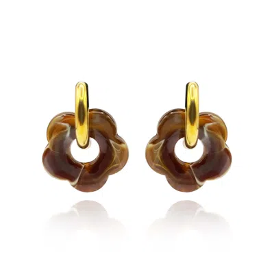 Michael Nash Jewelry Women's Brown Tigereye Resin Floral Drops On Gold Hoops