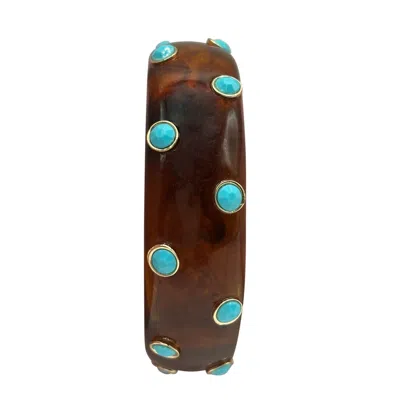 Michael Nash Jewelry Women's Brown Tortoise Resin Bangle With Turquoise Glass Stones In Gold-plated Brass Settings