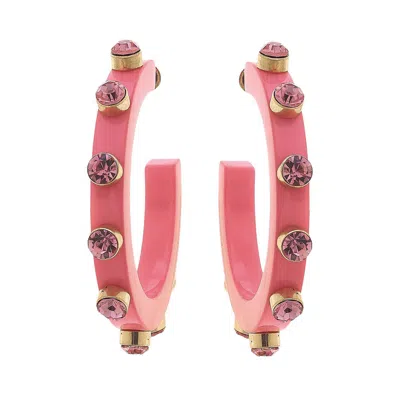 Michael Nash Jewelry Women's Bubble Gum Pink Translucent Resin Hoop Earrings With Rose Crystal Accents
