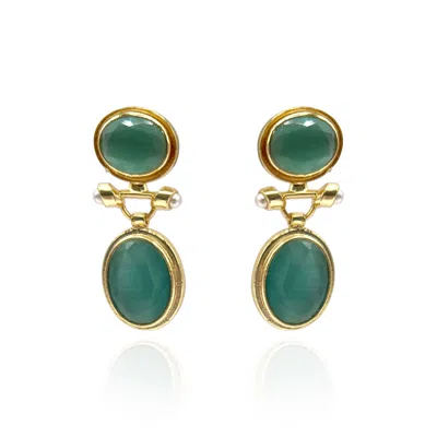 Michael Nash Jewelry Women's Gold Plated Brass Double Green Cat's Eye Drop Earrings With Pearl Accents In Gray