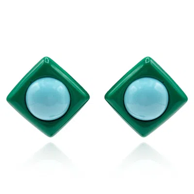Michael Nash Jewelry Women's Green / Blue Green Resin Square Clip On Earrings With Light Blue Dome Center In Multi