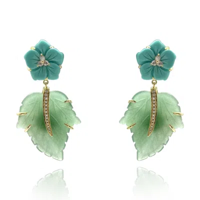 Michael Nash Jewelry Women's Green / Blue Turquoise Flower Earrings With Jade Leaf Drop In Multi