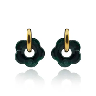 Michael Nash Jewelry Women's Green / Gold Green Malachite Resin Floral Drops On Gold Hoops In Multi