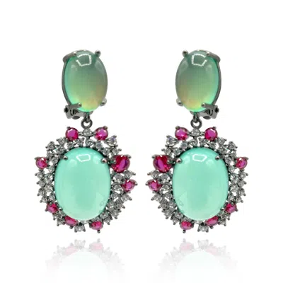 Michael Nash Jewelry Women's Green / Pink / Purple Black Rhodium Earrings With Green Opal Glass, Pink Ruby, And Clear Cry In Multi