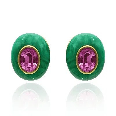 Michael Nash Jewelry Women's Green / Pink Stephanie Malachite Resin Clip Earring With Pink Glass Stone In Green/pink