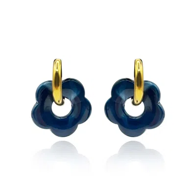 Michael Nash Jewelry Women's Lapis Blue Resin Floral Drops On Gold Hoops