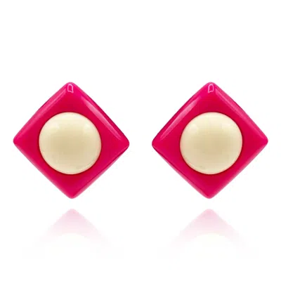 Michael Nash Jewelry Women's Neutrals / Pink / Purple Fuschia Resin Square Clip On Earrings With Ivory Dome Center