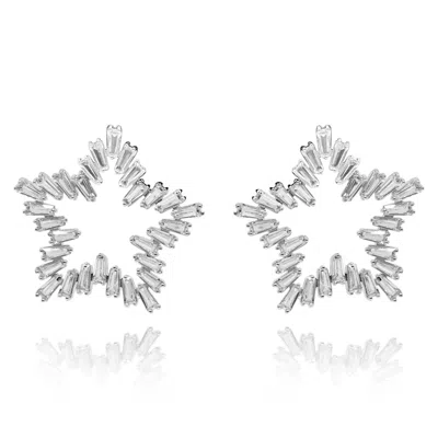 Michael Nash Jewelry Women's Neutrals / Silver Star Crystal Baguette Earrings Set In Rhodium Plate