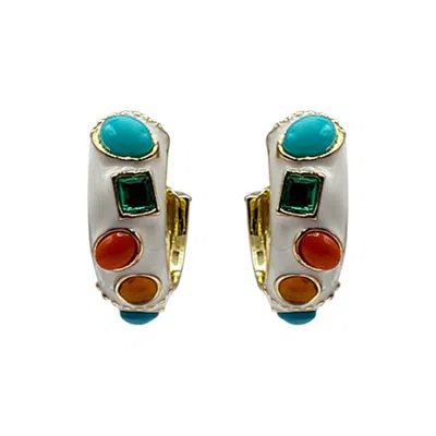 Michael Nash Jewelry Women's Neutrals White Enamel Multi Color Stone Pierced Hoops