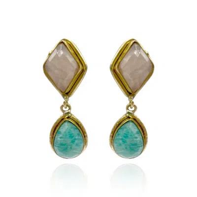 Michael Nash Jewelry Women's Orange / Blue Gold Plated Brass Clip Earrings With Faceted Rose Quartz And Amazonite In Multi