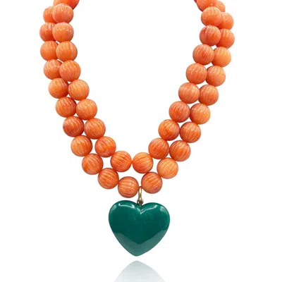 Michael Nash Jewelry Women's Orange / Green Amour Carved Coral Resin Bead With Jade Green Resin Heart Pendant In Multi