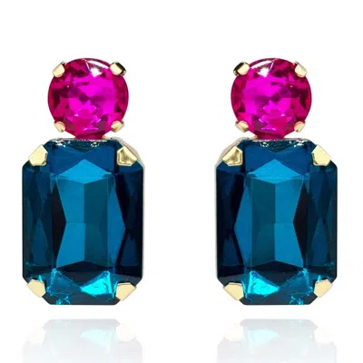 Michael Nash Jewelry Women's Pink / Purple / Blue Peacock Blue Crystal Ocatgon And Fuschia Round Stone Drop Earrings