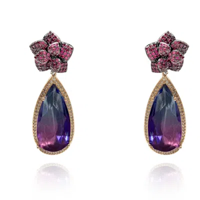 Michael Nash Jewelry Women's Purple Ruby Cubic Zirconium Flower With Elongated Amethyst Cubic Zirconium Pear Drop Earring