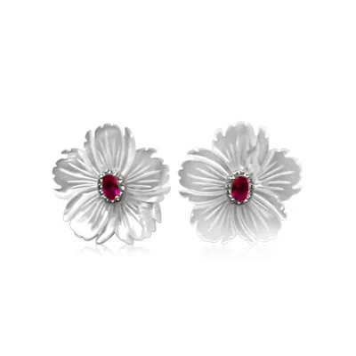 Michael Nash Jewelry Women's Red Carved Mother Of Pearl Floral Button With Cubic Zirconium Ruby Center