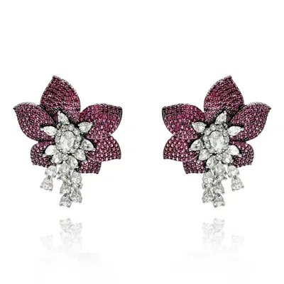 Michael Nash Jewelry Women's Red / Silver Ruby And Clear Cubic Zirconium Pave Floral Earrings In Multi
