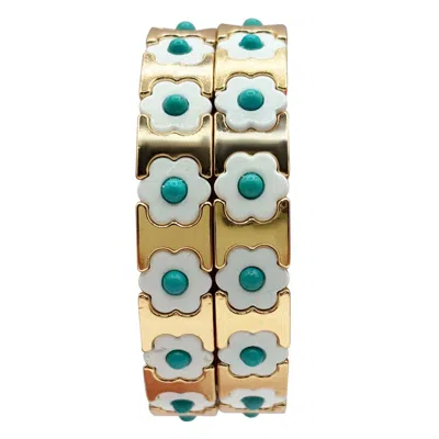 Michael Nash Jewelry Women's Turquoise, White, And Gold Enamel Two-strand Elasticized Bracelets In Multi