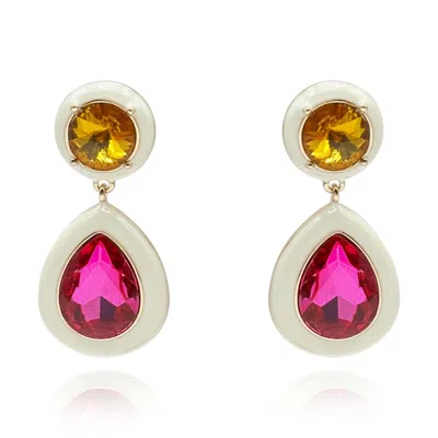 Michael Nash Jewelry Women's White / Brown / Pink Light Topaz & Fuschia Glass Stone Earrings Framed In White Enamel In Multi