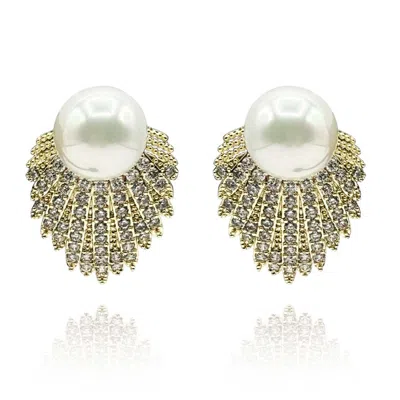 Michael Nash Jewelry Women's White / Neutrals / Gold Gold Plated Pave Shell-based Pearl Clip-on Earrings In Multi