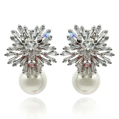 Michael Nash Jewelry Women's White / Silver / Neutrals Crystal Baguette And Pearl Clip On Drop Earrings
