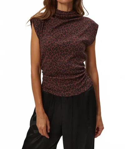 Michael Stars Amara Mock Neck Power Shoulder Top In Espresso Leopard In Animal Print