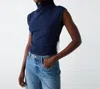 Michael Stars Amara Ribbed Power Shoulder Tee In Blue