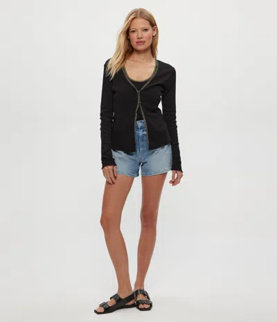Michael Stars Beatrice Supima Rib Lace V-neck Cardigan In Black