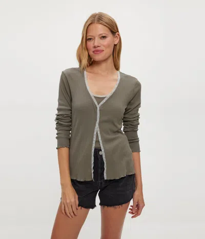 Michael Stars Beatrice Supima Rib Lace V-neck Cardigan In Green