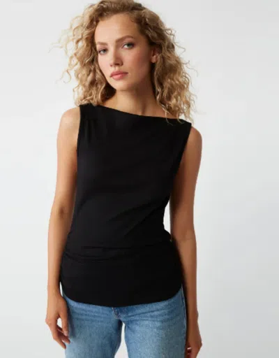MICHAEL STARS COCO TOP WOMEN'S BLACK RUCHED BOAT NECK SLEEVELESS ERK912