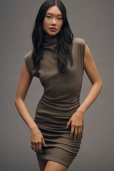 Michael Stars Gia Mock-neck Ribbed Power Shoulder Mini Dress In Green