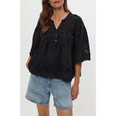 Michael Stars Gloria Flutter Sleeve Eyelet Top In Black