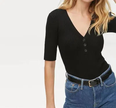 Michael Stars Jeanny Ribbed V-neck Henley Top In Black