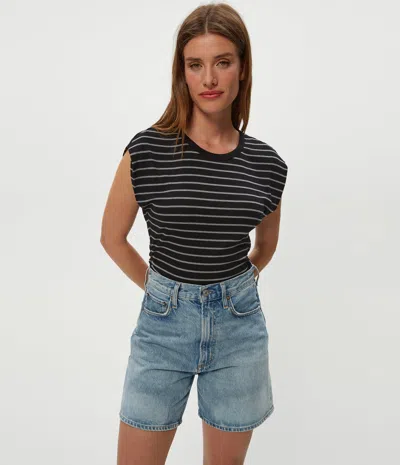 MICHAEL STARS JONI STRIPED POWER SHOULDER TEE